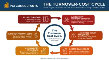 High turnover to rising EMod premium cost cycle illustrated as a closed loop diagram