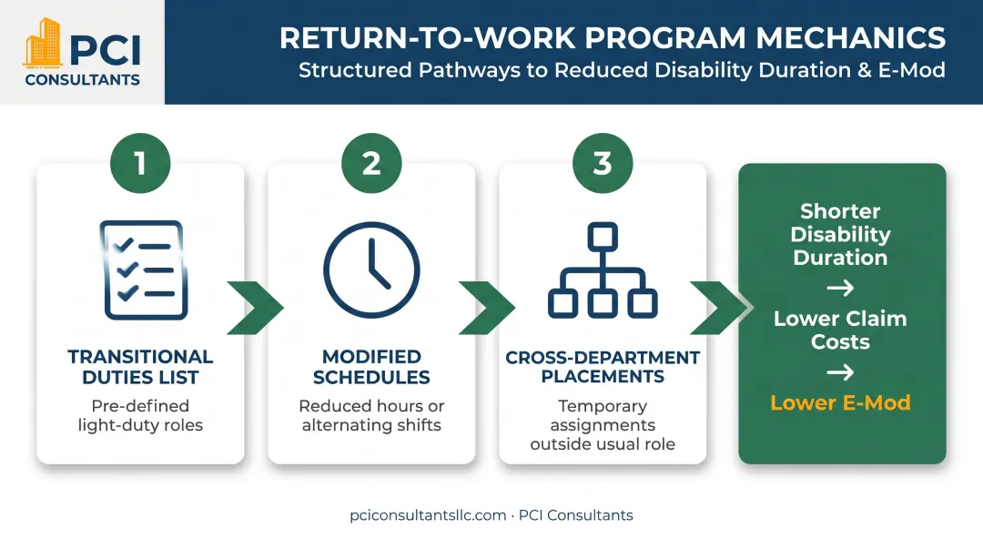 Three-part return-to-work program structure transitional duties modified schedules cross-department placement