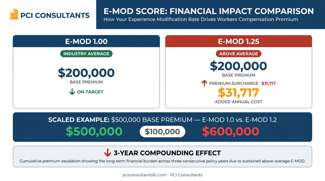 E-Mod score impact on workers comp premium cost comparison at 1.0 versus 1.25 modifier