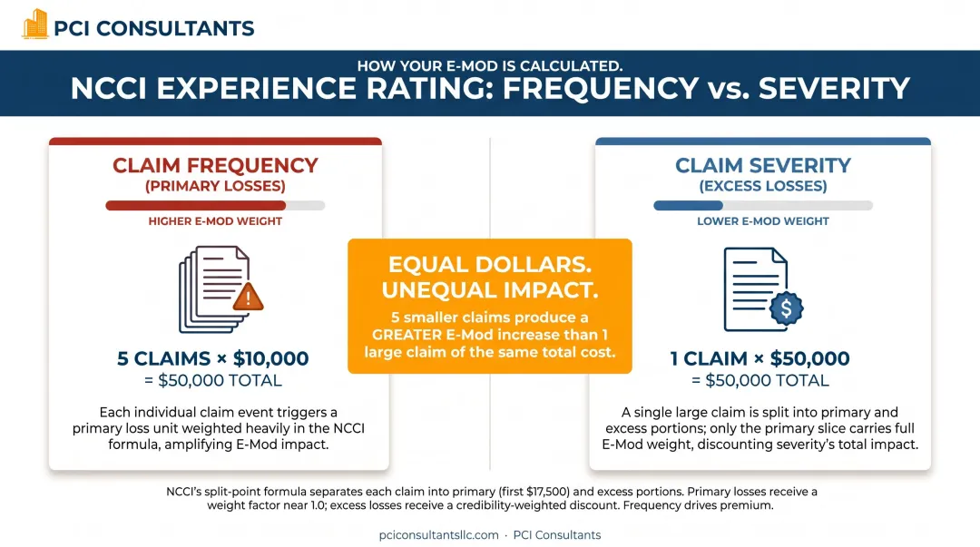 NCCI experience rating formula frequency versus severity claim weighting comparison