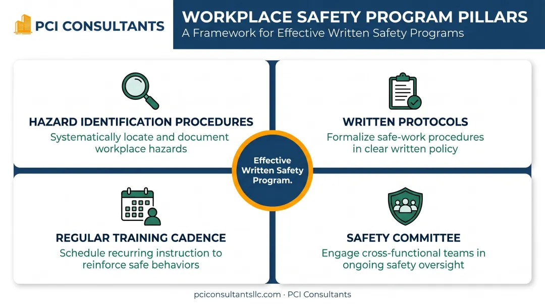 Four key components of an effective written workplace safety program infographic