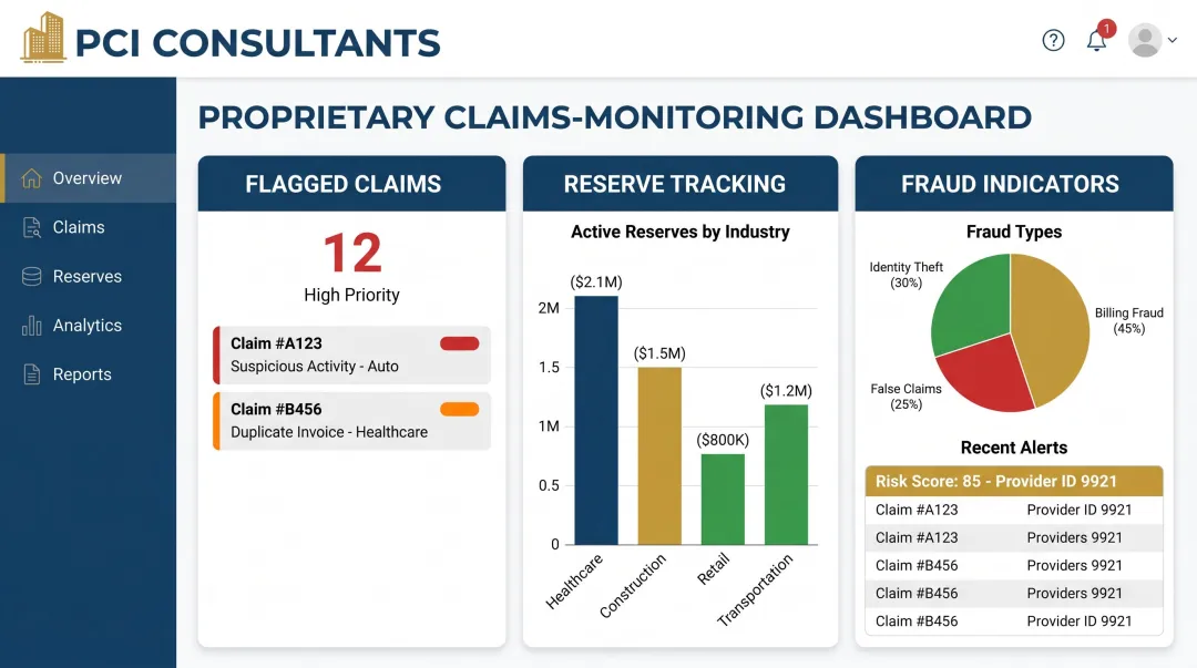 PCI Consultants proprietary claims monitoring software dashboard displaying active program data