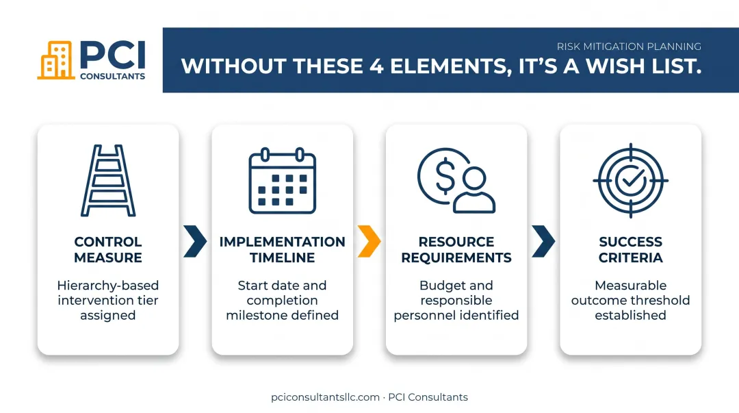 Four-element risk mitigation plan structure with ownership timeline resources and success criteria