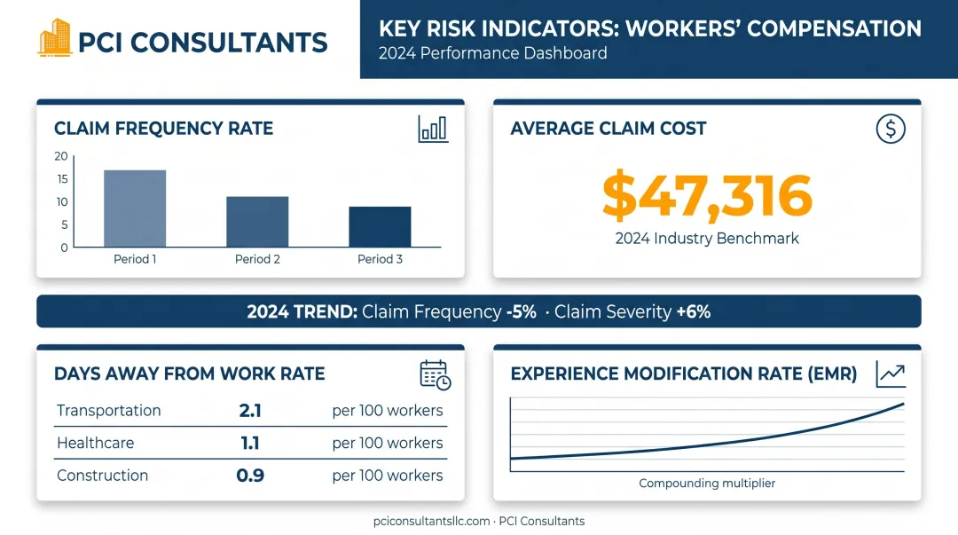 Workers compensation KRI dashboard benchmarks claim frequency severity and EMR metrics