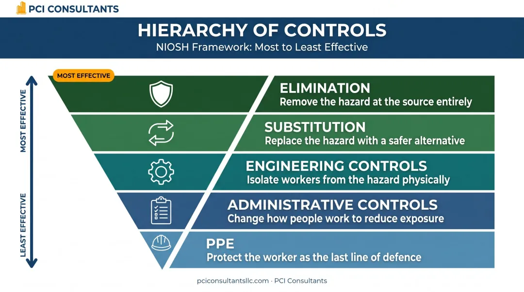 NIOSH hierarchy of controls five-tier pyramid from elimination to PPE
