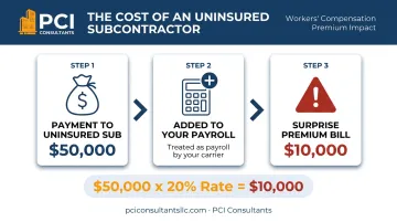 Infographic showing how uninsured subcontractor costs inflate workers comp premiums