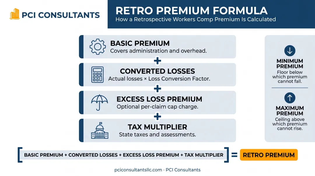 Retrospective workers comp premium formula four components breakdown infographic