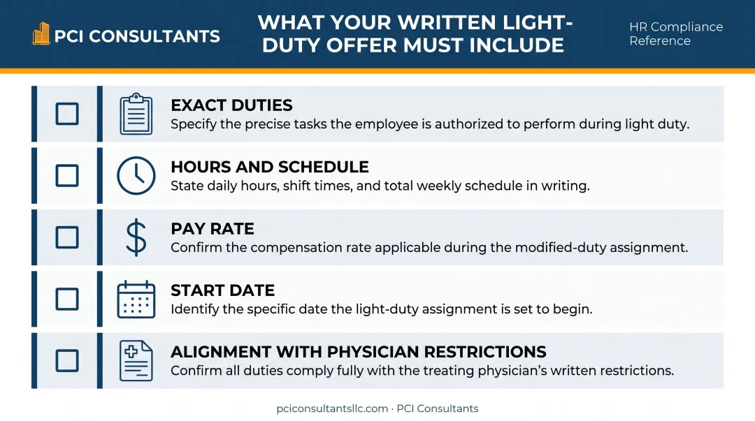 Five-element employer written light-duty offer documentation checklist infographic