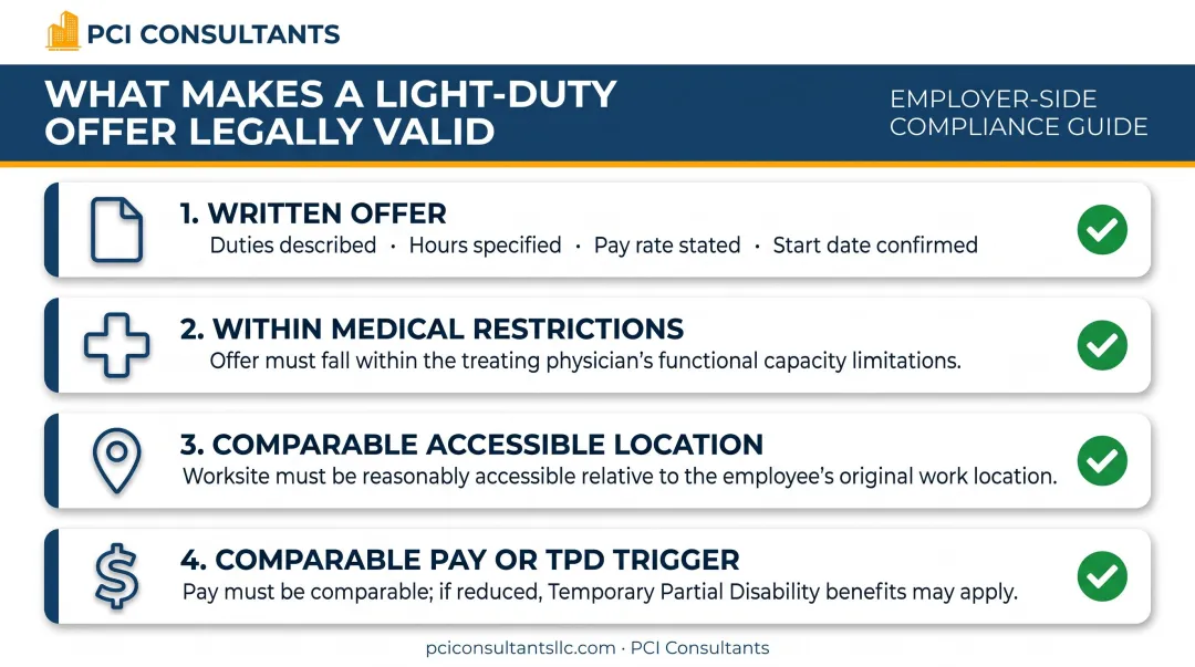 Four-part valid light-duty offer checklist with geographic accessibility requirements
