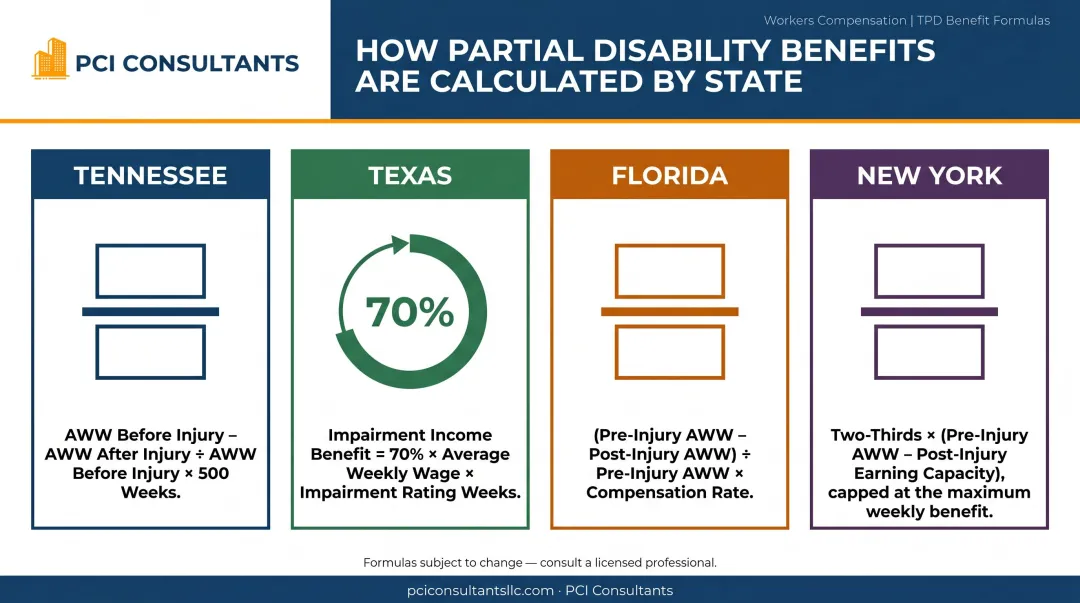 Temporary partial disability TPD wage benefit formula comparison across four states