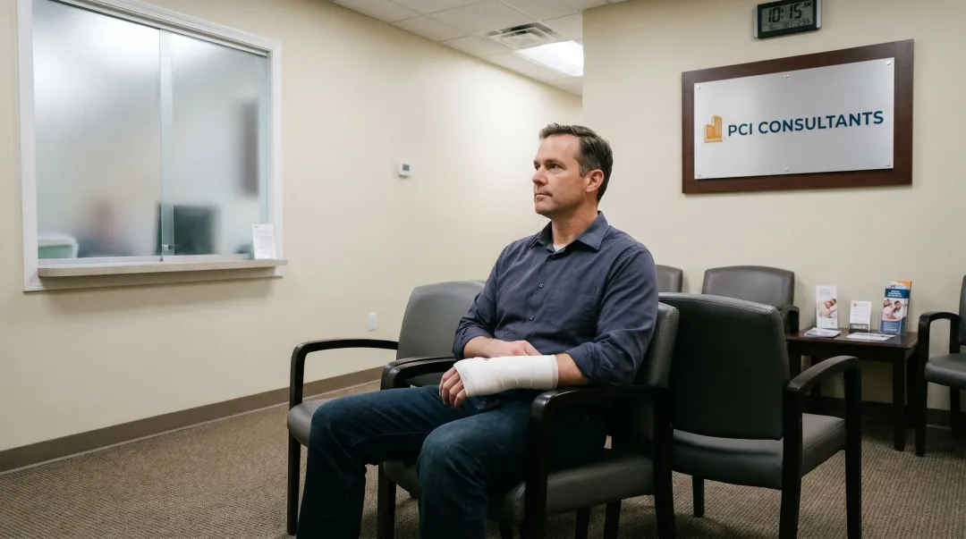 Injured worker sitting in medical office waiting room before IME appointment
