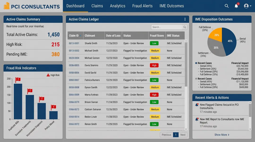 PCI Consultants claims management dashboard displaying IME disposition pathways and fraud indicators