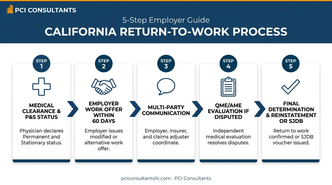 Five-step California workers compensation return-to-work process flow diagram