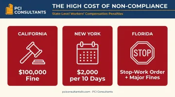 Infographic detailing the severe state penalties for hiring uninsured contractors with specific examples