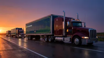 A convoy of carnival trucks driving on an open highway at sunset