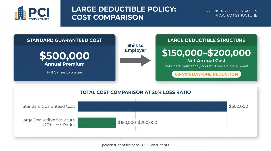 Large deductible workers comp policy structure showing 60 to 70 percent premium reduction mechanics