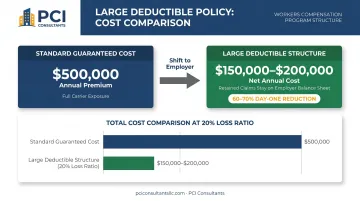 Large deductible workers comp policy structure showing 60 to 70 percent premium reduction mechanics