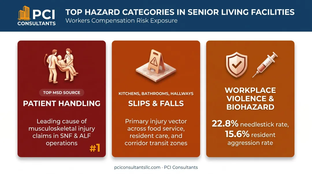 Three major workplace hazard categories in senior living facilities with statistics