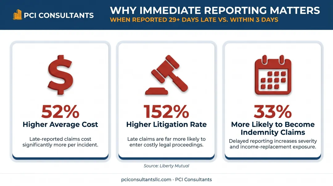 Workers comp claims reporting delay cost impact showing 52 percent higher costs and 152 percent litigation increase