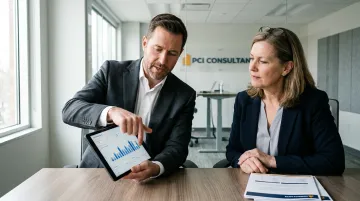 Risk management consultant presenting workers compensation data to a hospital administrator