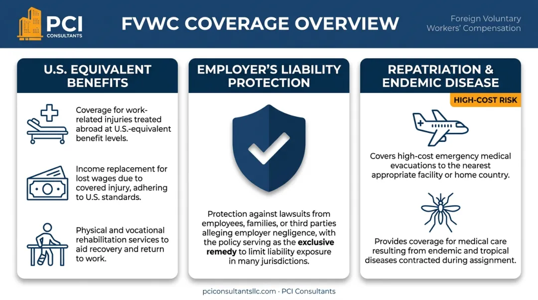 Three core coverages of Foreign Voluntary Workers Compensation FVWC infographic