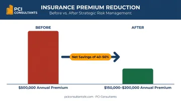 Infographic showing business insurance premium reduction from $500k to $150k