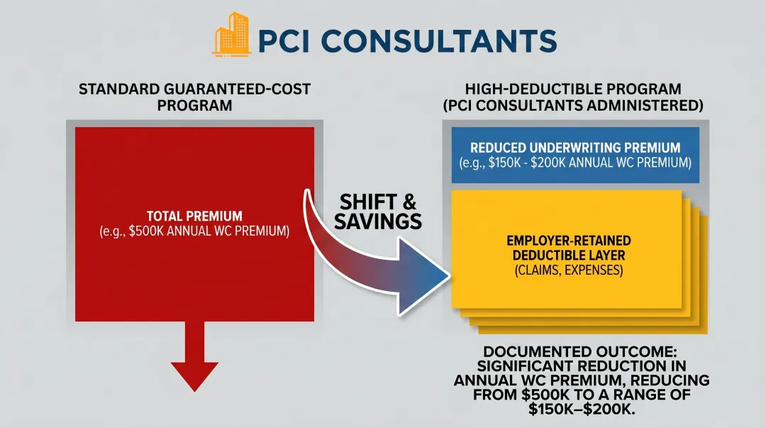 High deductible workers comp program structure showing premium reduction from standard to deductible plan