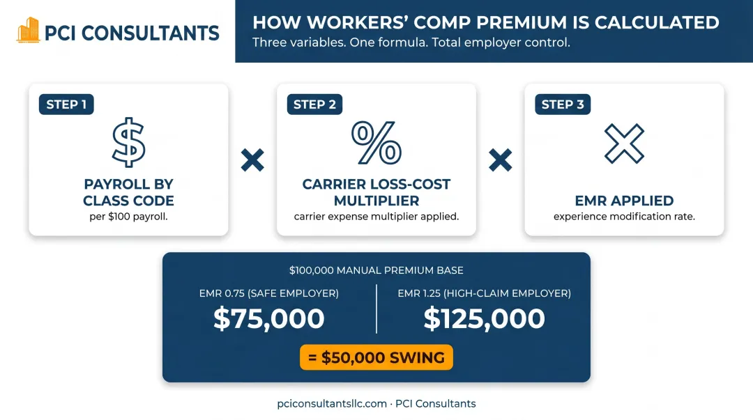 Workers comp premium formula showing payroll class code EMR multiplication breakdown