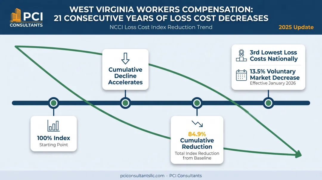 West Virginia workers comp loss cost 21-year consecutive decrease trend timeline infographic