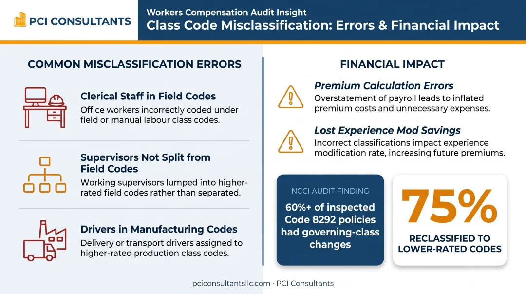 Common workers comp job misclassification patterns and premium overcharge impact comparison