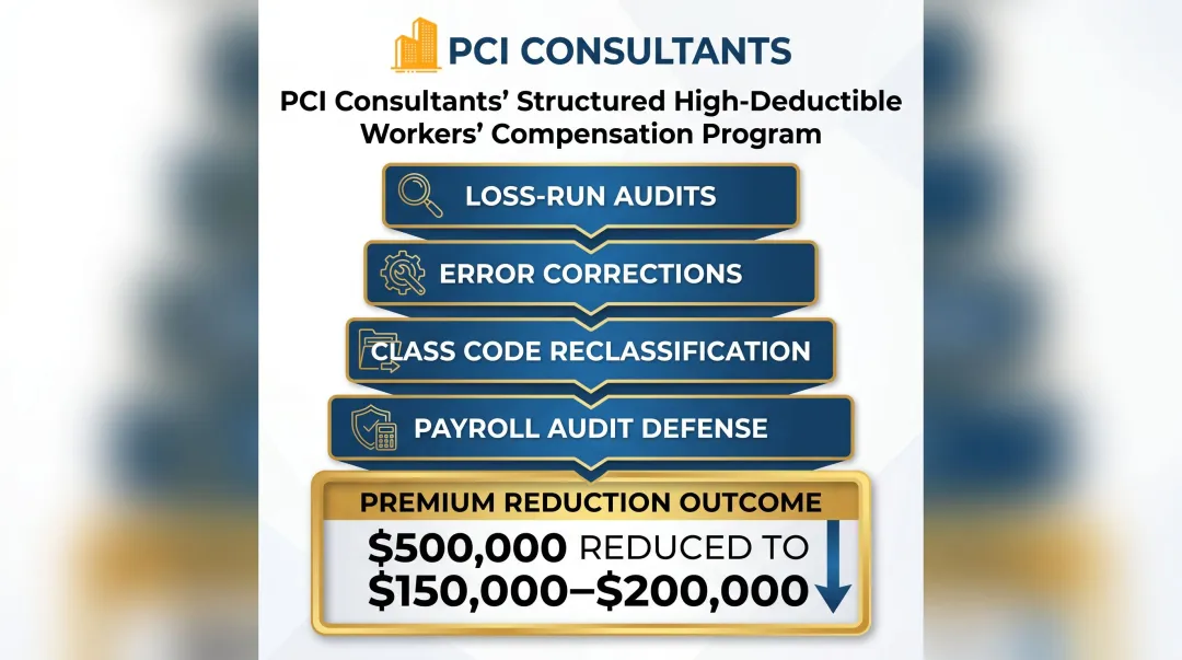PCI Consultants workers compensation program structure showing premium reduction outcomes for New York employers