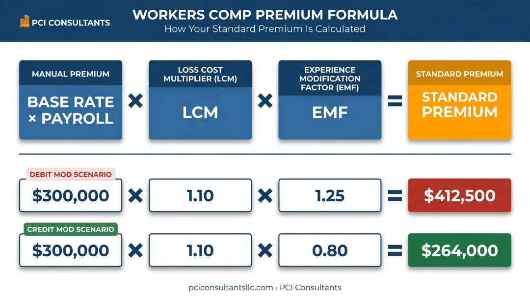 Workers compensation premium formula showing manual premium LCM and EMF multipliers