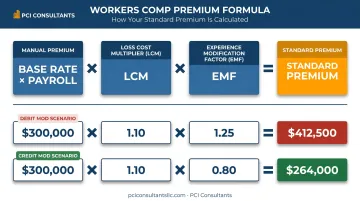 Workers compensation premium formula showing manual premium LCM and EMF multipliers