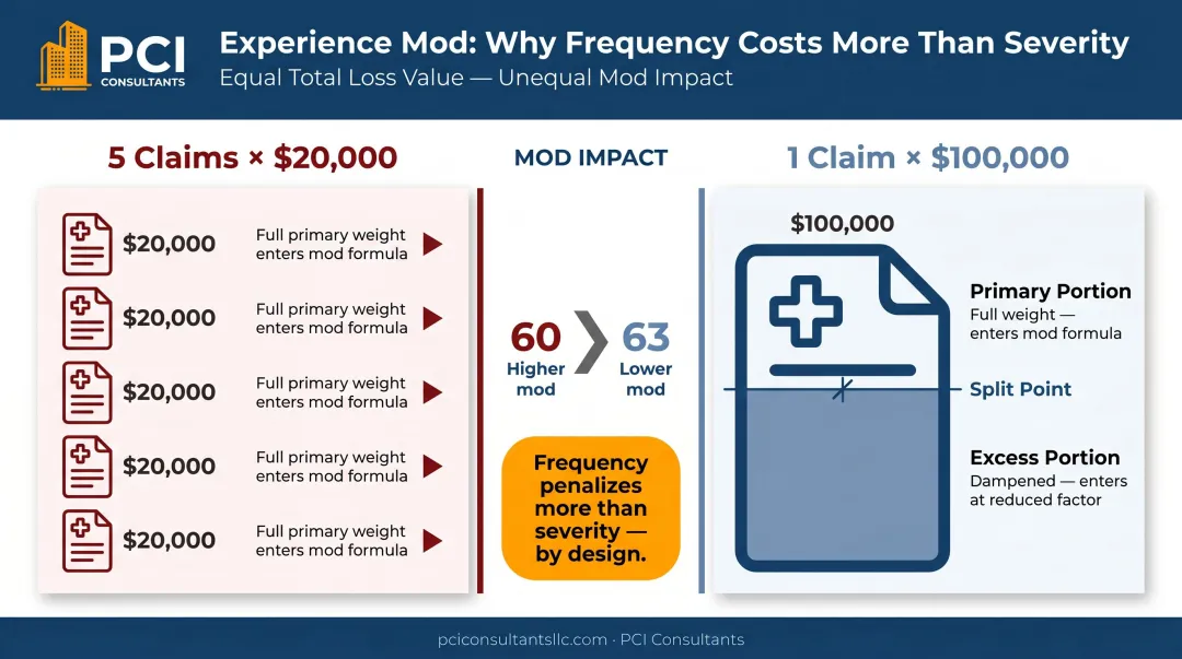 Frequency versus severity claim impact comparison on NYCIRB experience mod infographic