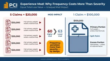 Frequency versus severity claim impact comparison on NYCIRB experience mod infographic