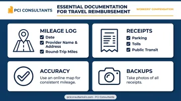 Checklist infographic for documenting workers' compensation travel reimbursement expenses
