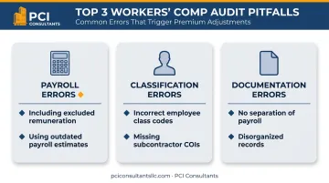 Three main categories of workers comp audit mistakes infographic