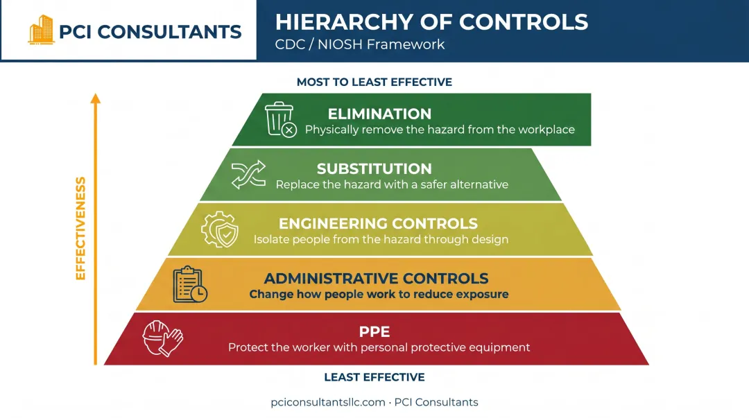 NIOSH hierarchy of controls five-level pyramid from elimination to PPE