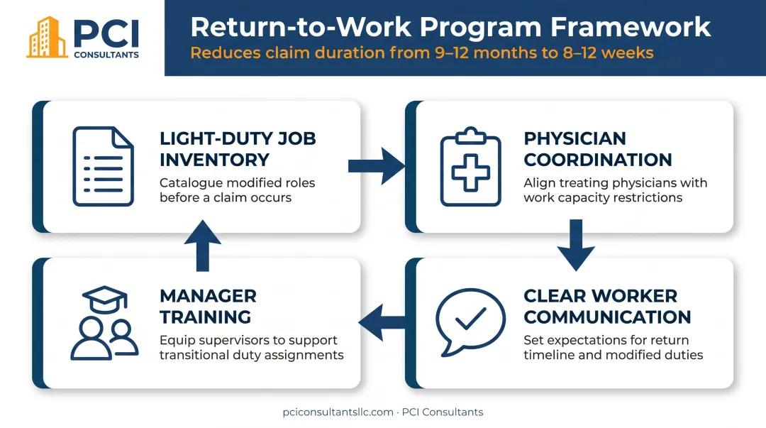 Four-element return-to-work program framework showing key components and workflow