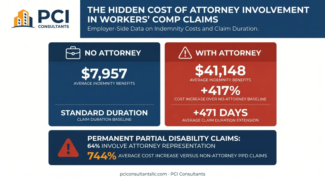 Workers comp attorney involvement cost impact comparison showing indemnity and duration increases