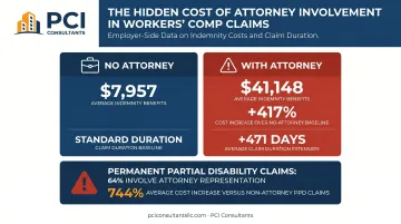 Workers comp attorney involvement cost impact comparison showing indemnity and duration increases