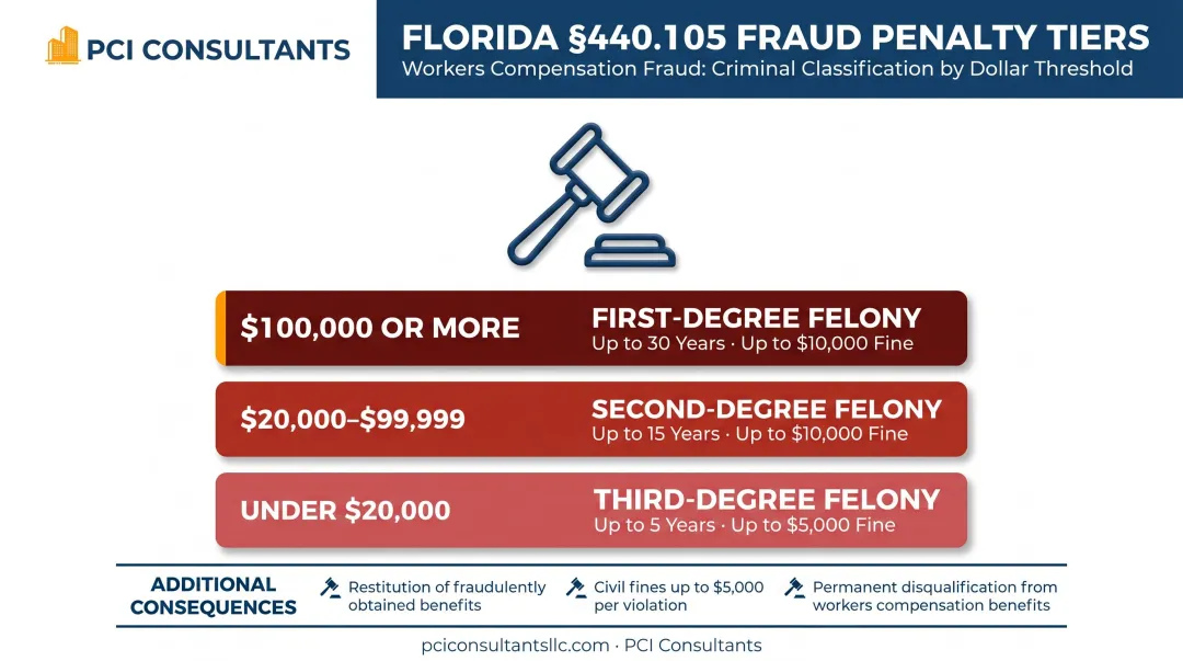 Florida workers comp fraud penalty tiers felony levels by dollar amount