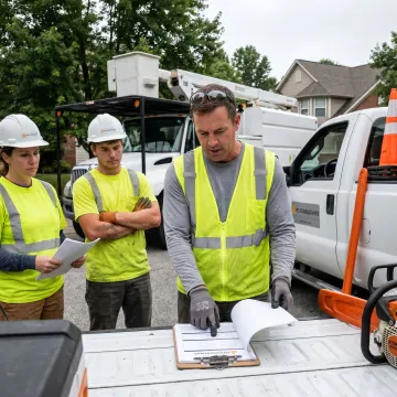 Tree service crew reviewing workers compensation safety documents