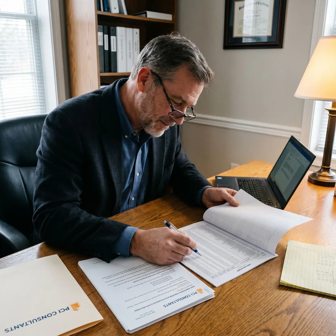 Consultant reviewing trucking workers compensation documents