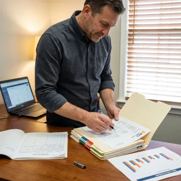 Workers compensation fraud investigator reviewing claim files