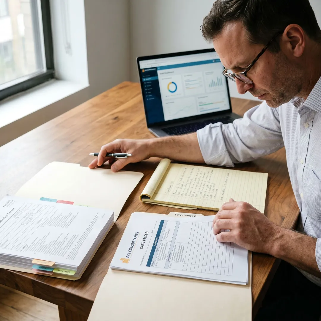 Consultant reviewing workers compensation claim evidence