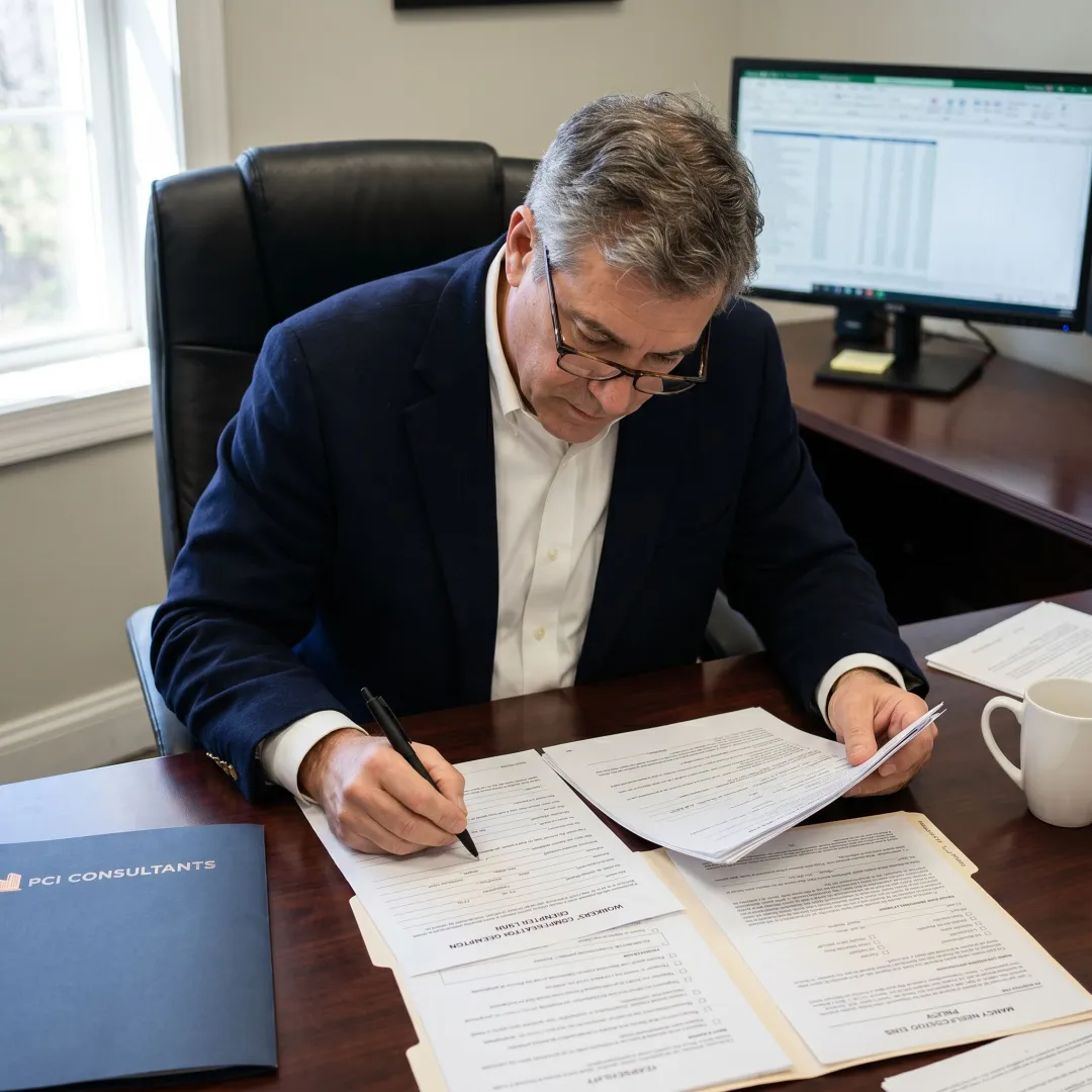 Consultant reviewing New York workers compensation exemption documents