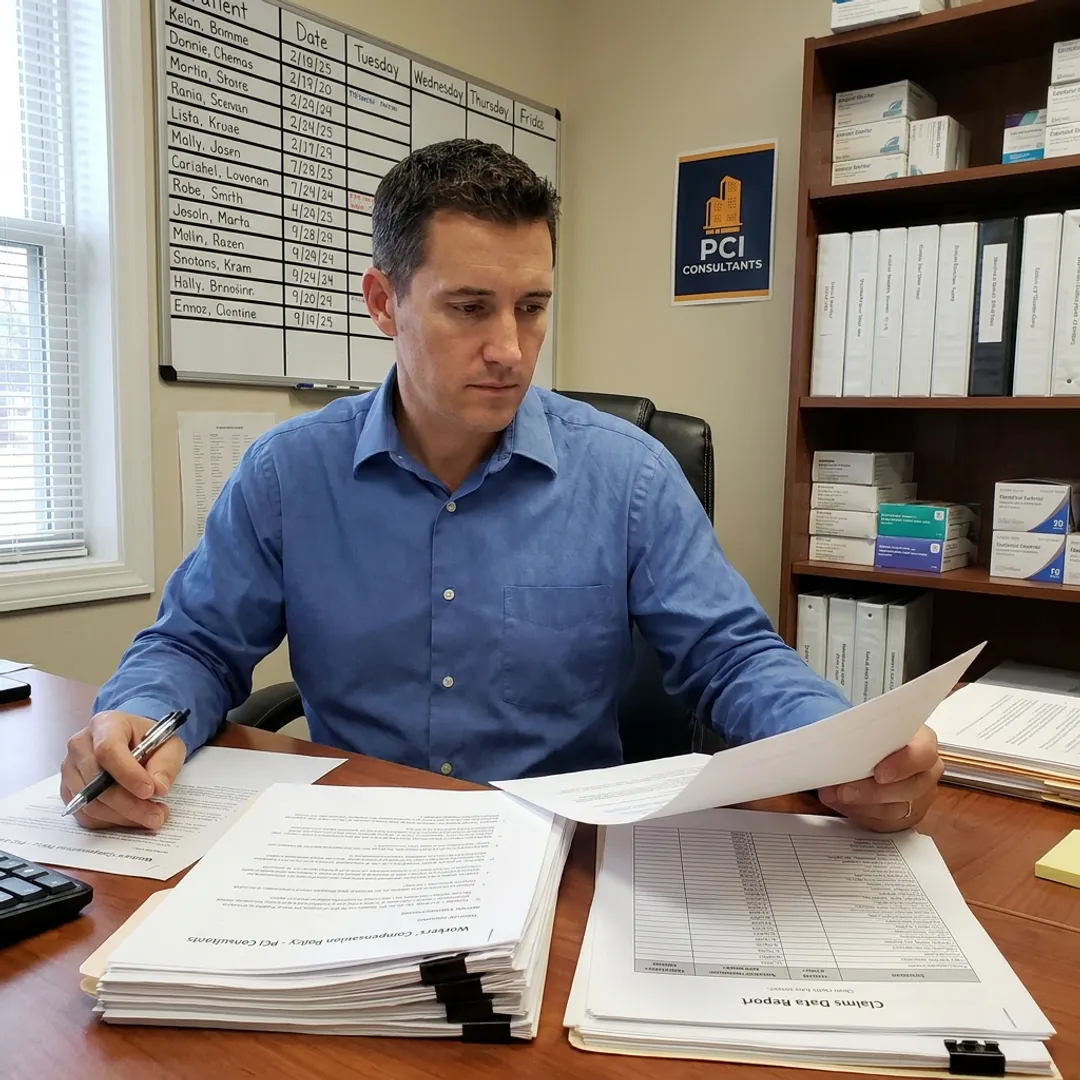 Risk consultant reviewing workers compensation policy for home care business
