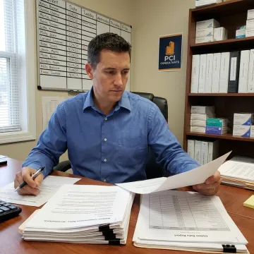 Risk consultant reviewing workers compensation policy for home care business