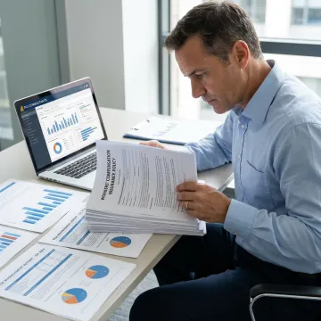 Workers compensation consultant reviewing insurance policy documents